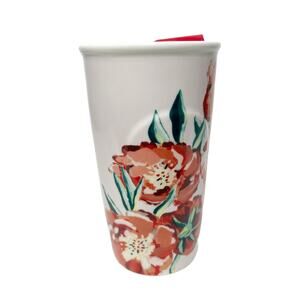 STARBUCKS Floral Print Travel Tumbler Mug Ceramic White With Red Lid 10oz/296 ml